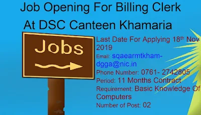Job Opening For Billing Clerk At DSC Canteen Khamaria Jabalpur Madhya Pradesh