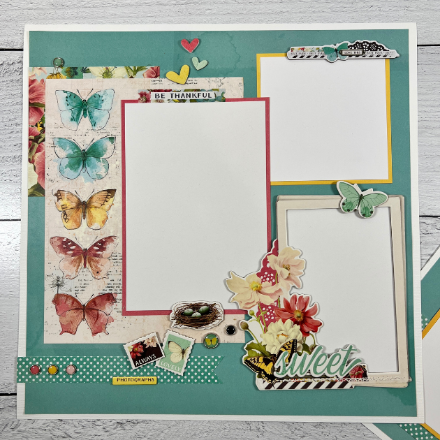 12x12 Sweet Scrapbook Page Layout with butterflies, flowers, brads, and frames for photos