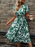 Floral Round Neck Green Dresses
