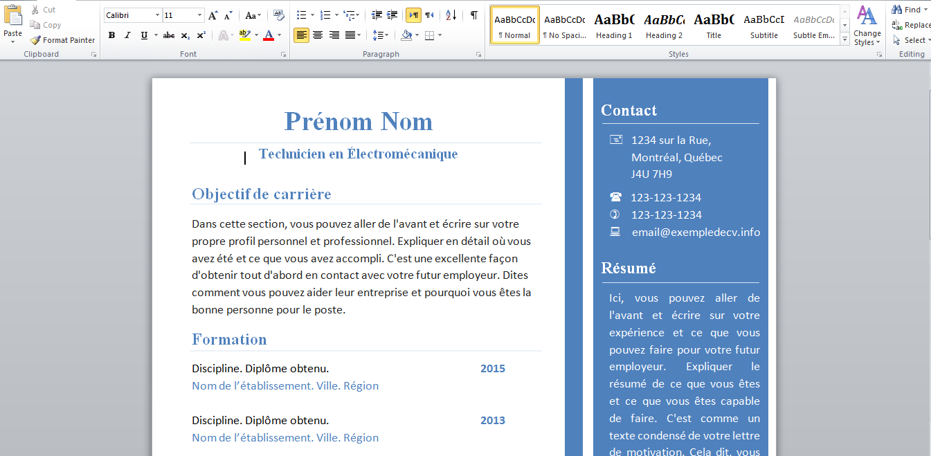 Docx] exemple cv 2015 word pour Technicien en Ã‰lectromÃ©canique