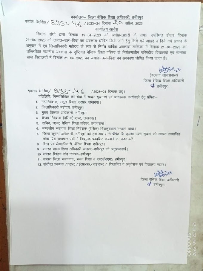 इस जिले में दिनांक 21-04-2023 को जमात-उल-विदा का अवकाश घोषित किये जाने के सम्बन्ध में