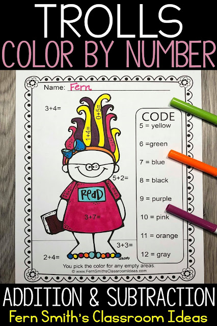 Trolls Color By Number Addition and Subtraction Resource comes with 4 student PDF worksheets and 4 PDF answer keys. You have my full permission to share this resource with your students electronically during this time of distance learning. You may also copy them and use them in a take-home worksheet packet if your school does that for students with slow to no Internet. One other option is to send it to the parents attached to an email. This way you are sending something home at the beginning of the year that is fun and high interest for your new students. #FernSmithsClassroomIdeas