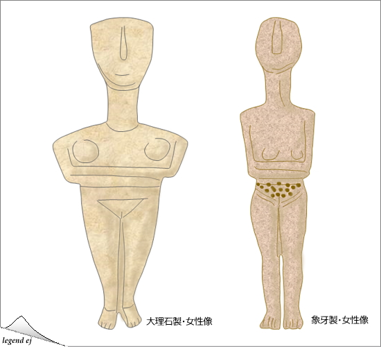 ミノア文明・アルカネス遺跡・フォウルニ共同墓地・石製＆象牙製女性像 Cyclades Type Stone and Ivory Figurine, Archanes/©legend ej