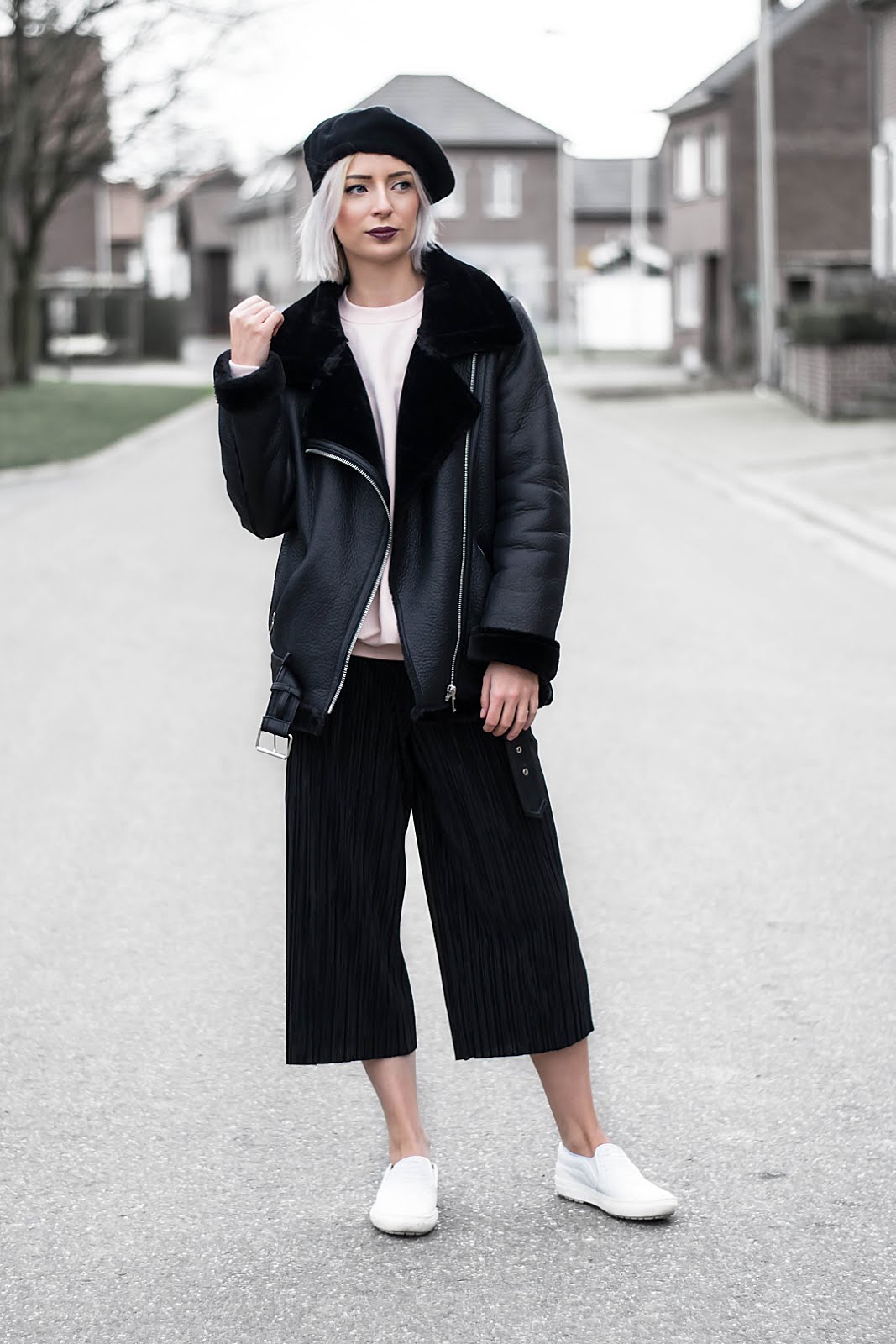 Chidora beret hat, silk, zara shearling coat, pastel pink sweatshirt, pleated culottes, all black, topshop