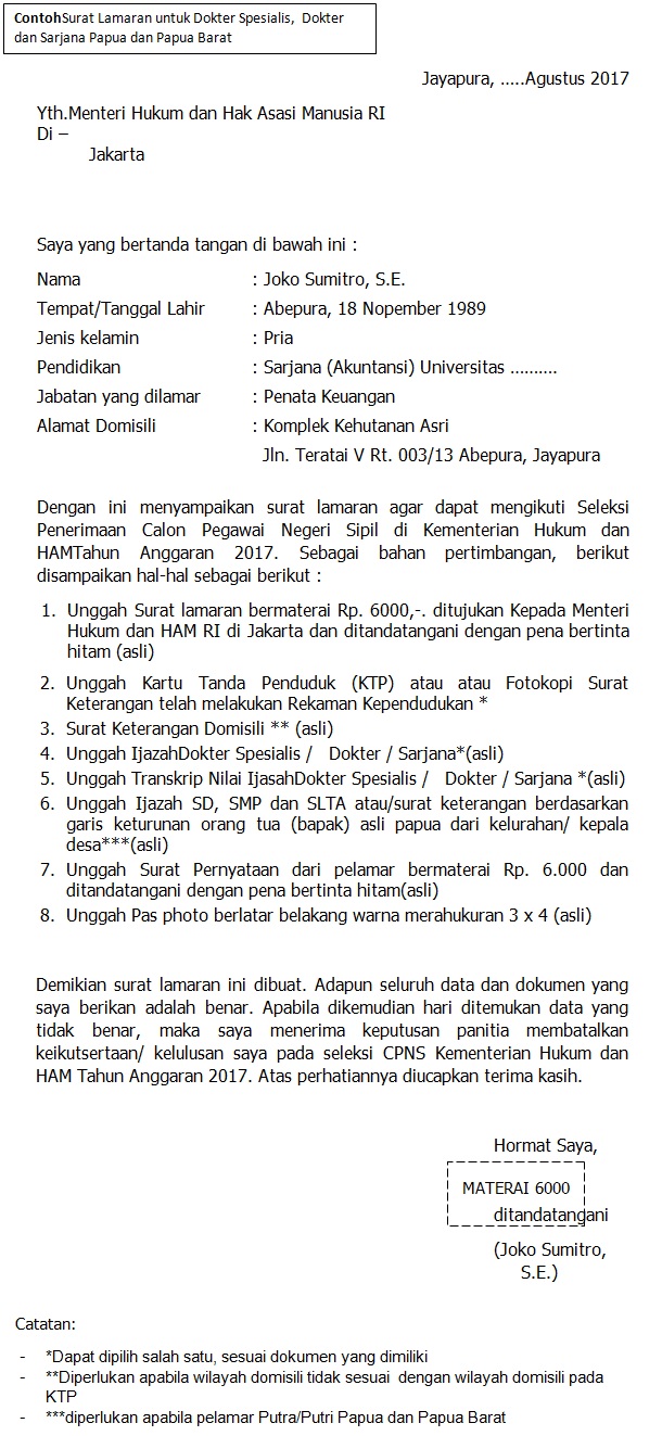 Format Terbaru Contoh Surat Lamaran CPNS Kementerian Hukum 