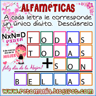 Alfaméticas, Criptoaritmética, Juego de palabras, Descubre el número, Criptosumas, Criptogramas, Día de la mujer, mujer, mujer y matemáticas, Desafíos matemáticos, Retos matemáticos, Problemas matemáticos