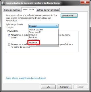 Habilitando a opção hibernar.