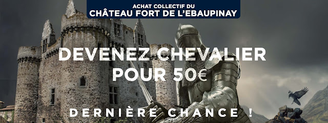 Image de slide pour la promotion de Campagne de crowdfunding pour la rénovation du château fort de l'Ebaupinay où on voit un chevalier devant le château