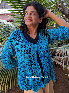 free crochet pattern, free crochet bolero pattern, free crochet top pattern, Ganga agrowools yarn, All Seasons acrylic yarn, Hobby India All Seasons yarn, multi coloured yarn, shelled bolero, front open bolero, Shyama Nivas, sweetnothingscrochet, blogaday, spreadsmiles, Pradhan Embroidery Stores, lace crochet, handmade, delicate bolero pattern, free pattern,