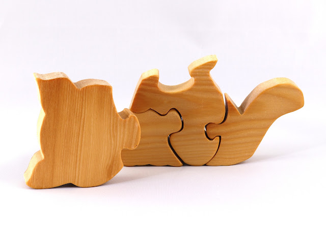 Small Wood Kitten/Cat Puzzle, Handmade Simple Four Piece Puzzle for Young Children, Finished with Mineral Oil