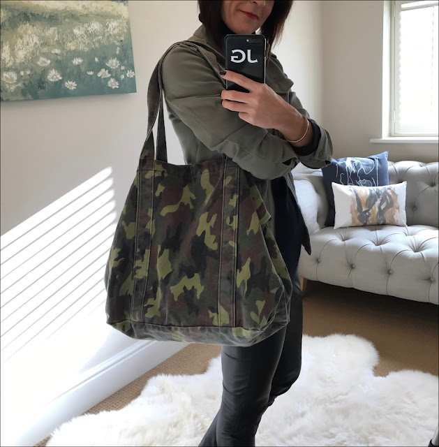 My Midlife Fashion, Zara Camouflage canvas bag, french connection faux leather trousers, Hush military jacket, primark polo neck jumper, office lucky charm boots