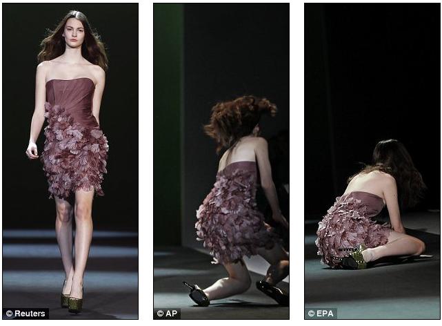 Model Falls At Christian Siriano Fall 2011 Fashion Week. A model trips and falls on