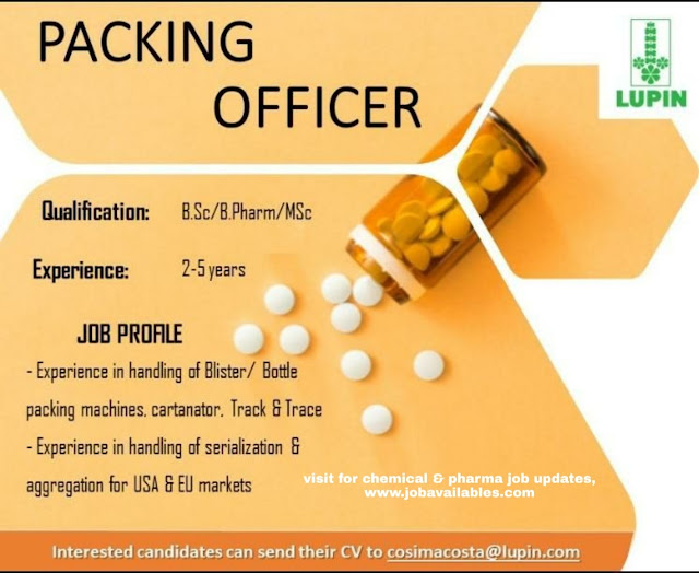 Job Availables, Lupin Limited Job Opening For BSc/ MSc/ B.Pharm In Packing Department