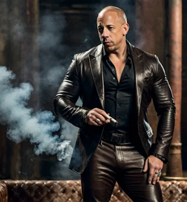 Vin Diesel wearing a black leather suit and smoking if they are