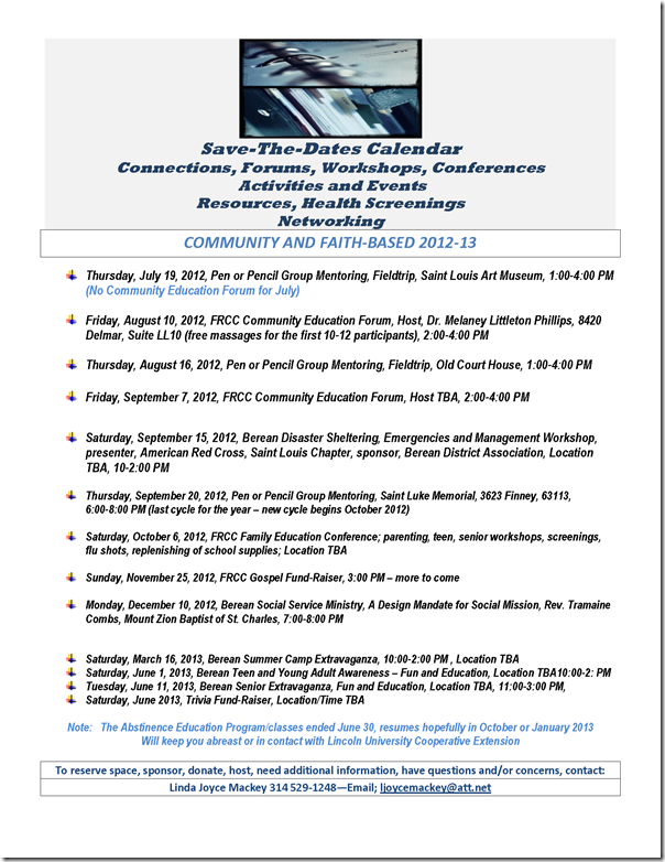 Save The Date Calendar Community Faith-Based Connections 2012-2013