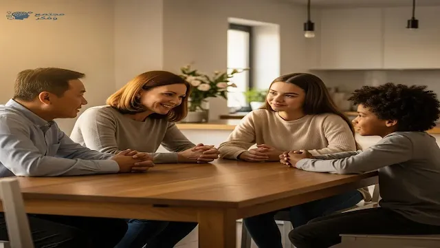 صورة لأسرة تجلس معًا وتتحاور بهدوء وبشكل إيجابي، ترمز إلى حل المشكلات الأسرية الشائعة بطرق بناءة.