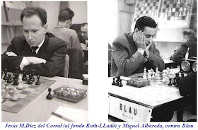 Los ajedrecistas españoles Jesús M. Díez del Corral y Miquel Albareda contra Blau