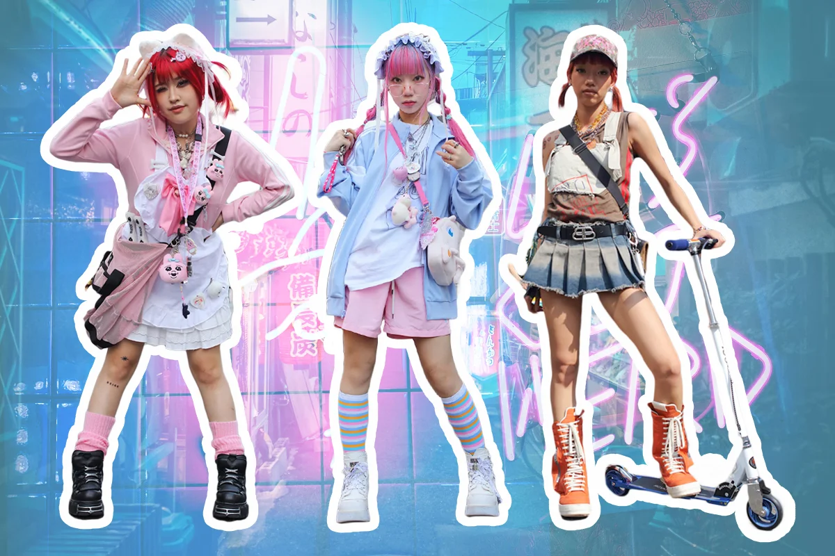 collage with three women wearing harajuku street style outfits