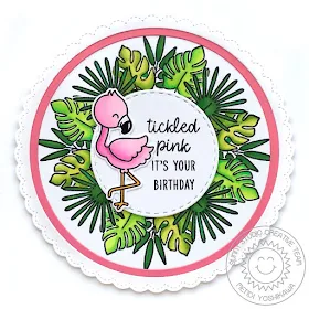 Sunny Studio Stamps Fabulous Flamingos Circular Wreath Birthday Card by Mendi Yoshikawa (using Fancy Frames Circle Dies)