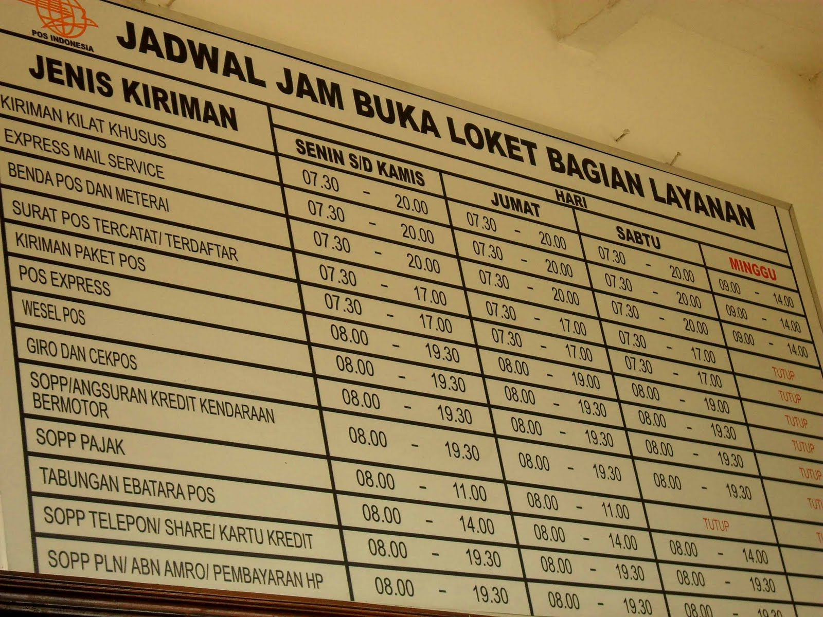 jadwal jam buka kantor pos ternyata buka dari jam setengah 8 pagi sampe jam 8 malam nyesel jam 2 lari lari takut kantornya udah tutup tapi khusus hari