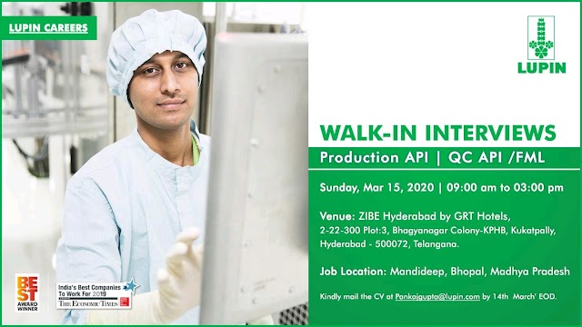 Lupin | Walk-in at Hyderabad on 15 Mar 2020 for Production-Qc