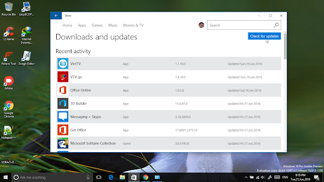 Microsoft cập nhật nút Check for updates trong windows store cho insider