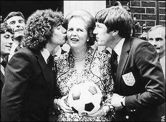 Kevin Keegan and Emlyn Hughes cosying up to Thatcher on the Downing Street steps