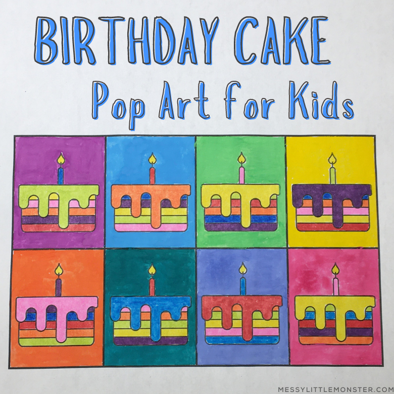 Handmade birthday card to colour - birthday cake pop art for kids