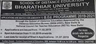 Bharathiar University B.ED Notification For 2019 - 2021