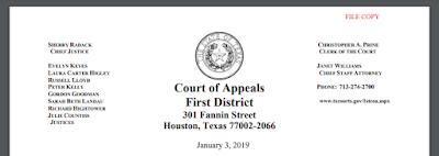 First Court of Appeals Membership on Court's Letterhead as of January 2019