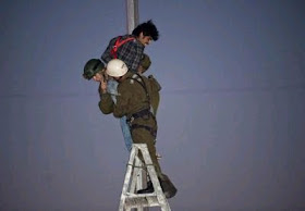 Police arrest a demonstrator who had climbed up a flagpole at La Moneda