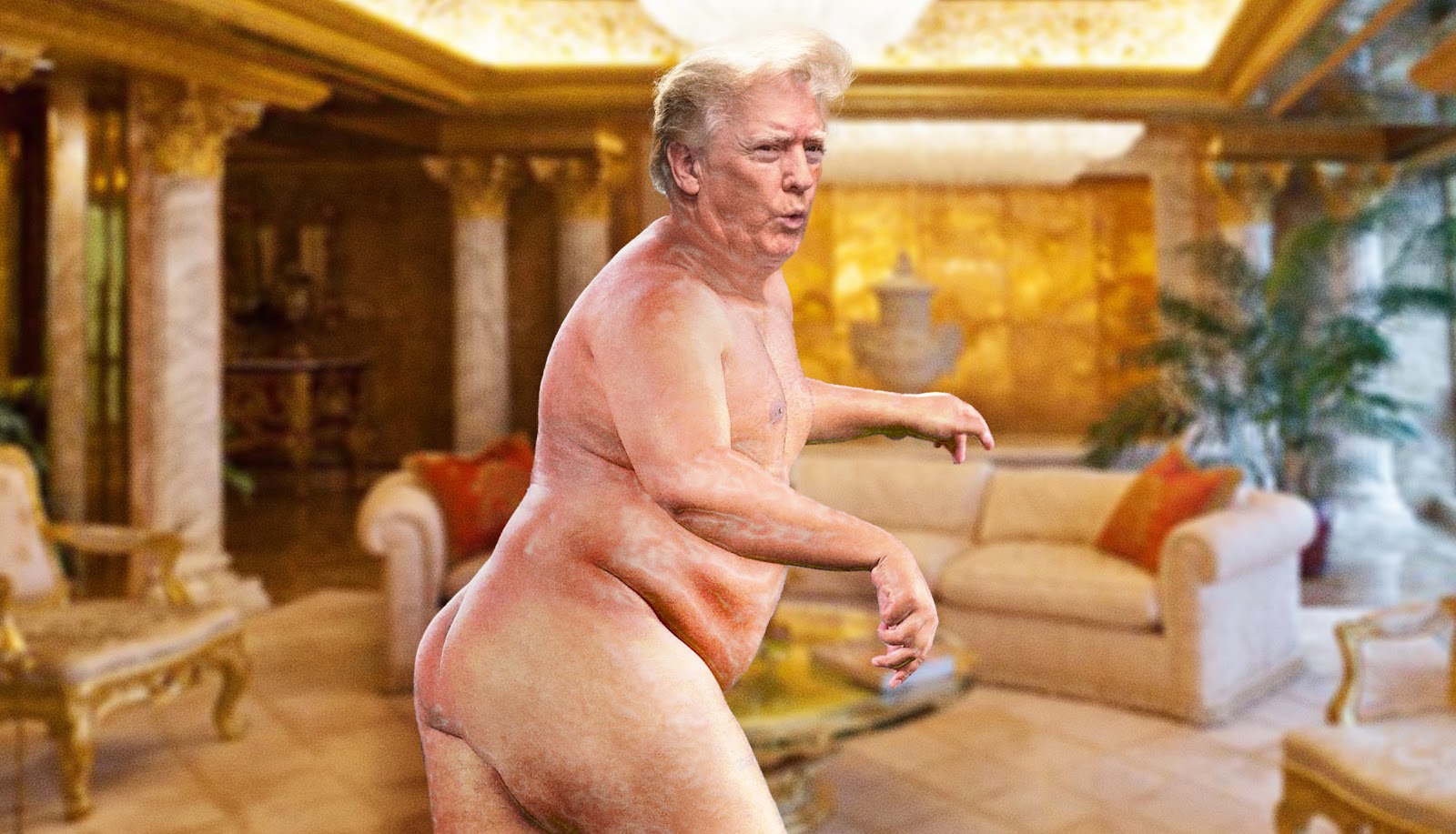 Trump schon den ganzen Tag nackt und mit Fett eingerieben, damit ihn Polizei nicht kriegt