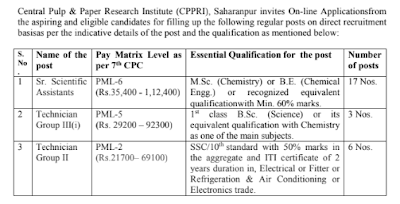CPPRI Recruitment 2023 Notification for 26 Posts   The CPPRI recruitment board announces job opportunities with the Central Pulp & Paper Research Institute Recruitment 2023 Notification. They are looking to fill 26 positions for Scientific Assistants and Technicians. The application process is entirely online and started recently, with a closing date of 30th October 2023. The CPPRI Online Form can be accessed from important links tabe. The selection process involves a written test (Offline Examination, and the salary details vary according to the post. General candidates are required to pay an application fee of Rs. 500, while SC/ ST/ PwBD /Women candidates are exempt from the fee. For more information and to apply, you can visit the official website at cppri.res.in.  CPPRI Recruitment 2023 Notification If you are interested in the CPPRI Saharanpur Recruitment 2023, note that there are specific educational qualifications and age limits for the various posts. For example, Senior Scientific Assistants should have an M.Sc. in Chemistry or equivalent qualifications with a minimum of 60% marks, and they should be within 28 years of age. Technician Group III(i) candidates should have a 1st class B.Sc. in Science with Chemistry as one of the subjects and should not be older than 25 years. Technician Group II applicants should have SSC/10th standard with 50% marks in the aggregate and an ITI certificate of 2 years duration in a relevant trade, with an age limit of 23 years. Th