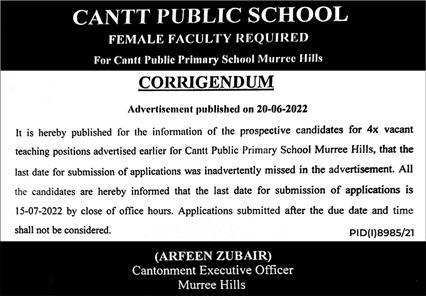 Latest Cantt Public School & College Teaching Posts Murree 2022