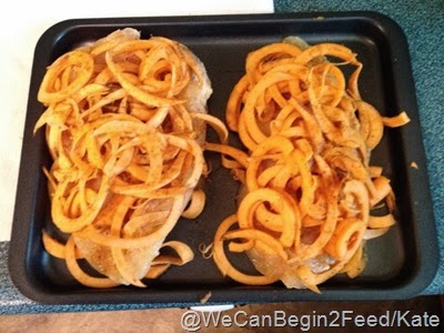 with the sweet potatos wrapped/piled on the chicken