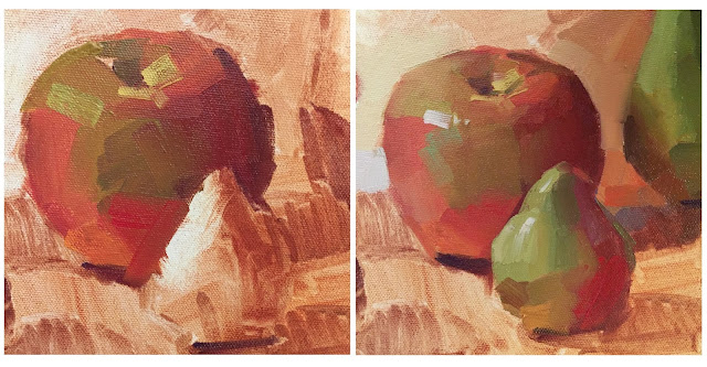 alla prima oil painting work in progress apples and pears