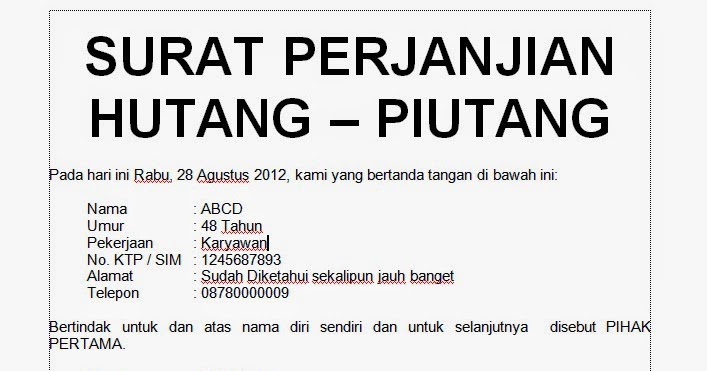 Budidaya Burung: [.doc] CONTOH SURAT PERJANJIAN HUTANG 