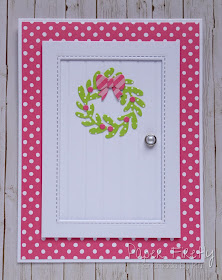 Contemporary Christmas card with door and mini wreath, using Mini Wreath by Lawn Fawn