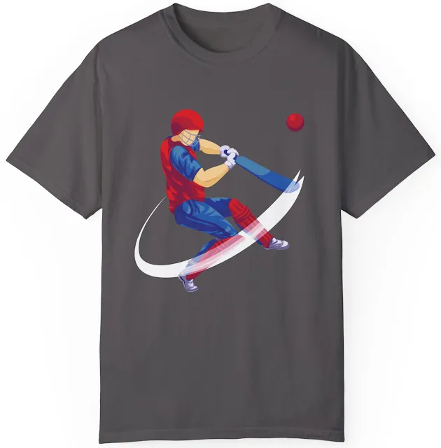 Garment Dyed Personalized Cricket T-Shirt With Vector Illustration of Batsman Wearing Blue and Red Uniform Playing a Shot