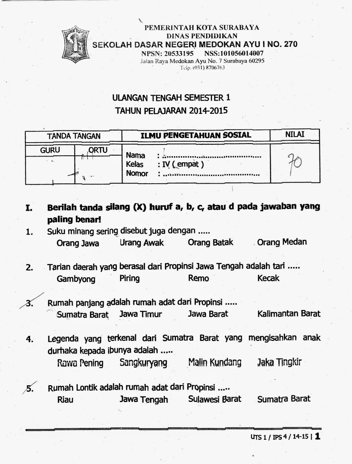 UTS 1 Ganjil IPS Kelas 4 SD TA 2014 2015 Kurikulum 2013