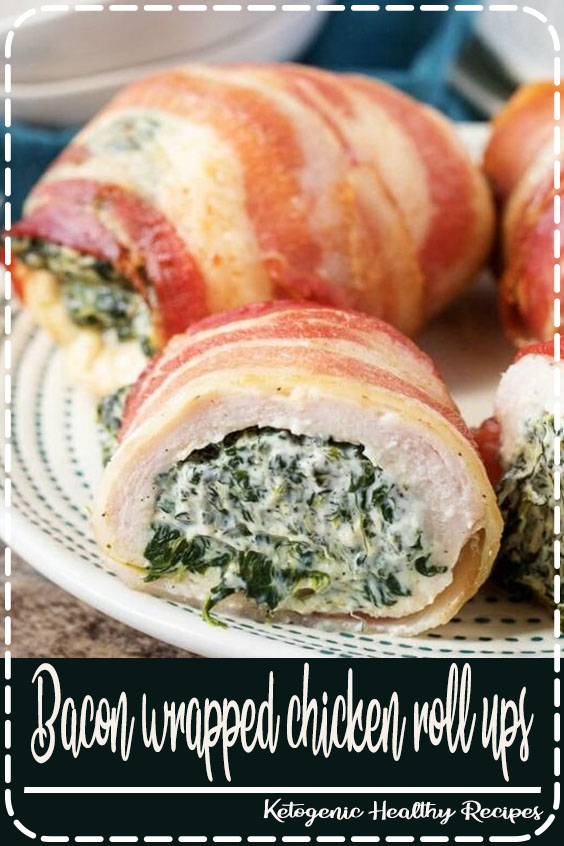 Bacon wrapped chicken roll ups are boneless chicken breasts stuffed with cream cheese and spinach, wrapped with bacon. The chicken bundles are baked until the bacon is crispy and the chicken is juicy. This is an easy chicken recipe, perfect for a quick weeknight dinner. #chicken #recipe #easydinner #rollups