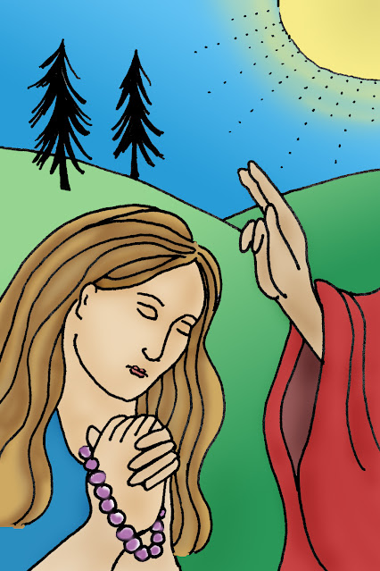 Pine trees with woman praying and being blessed