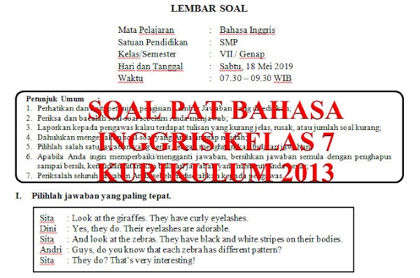 Soal dan Kunci Jawaban PAT Bahasa Inggris SMP Kelas 7 Kurikulum 2013 Tahun Pelajaran 2018/2019   