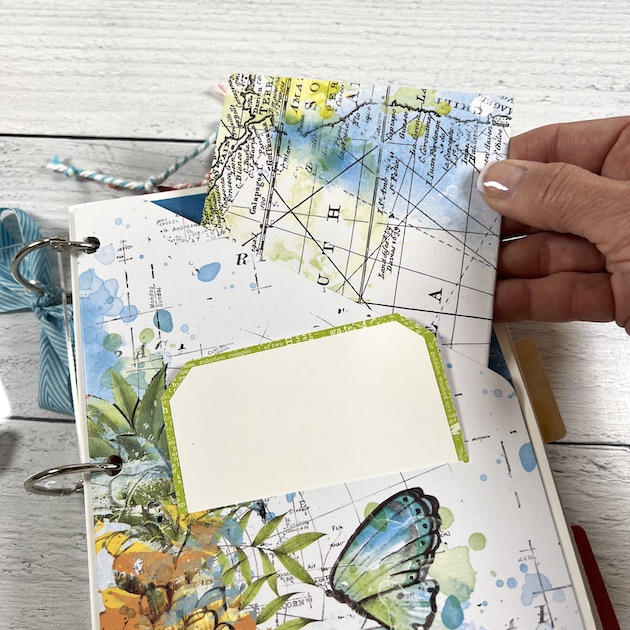 Summer Scrapbook Album page with an angled pocket, photo mats, and journaling cards