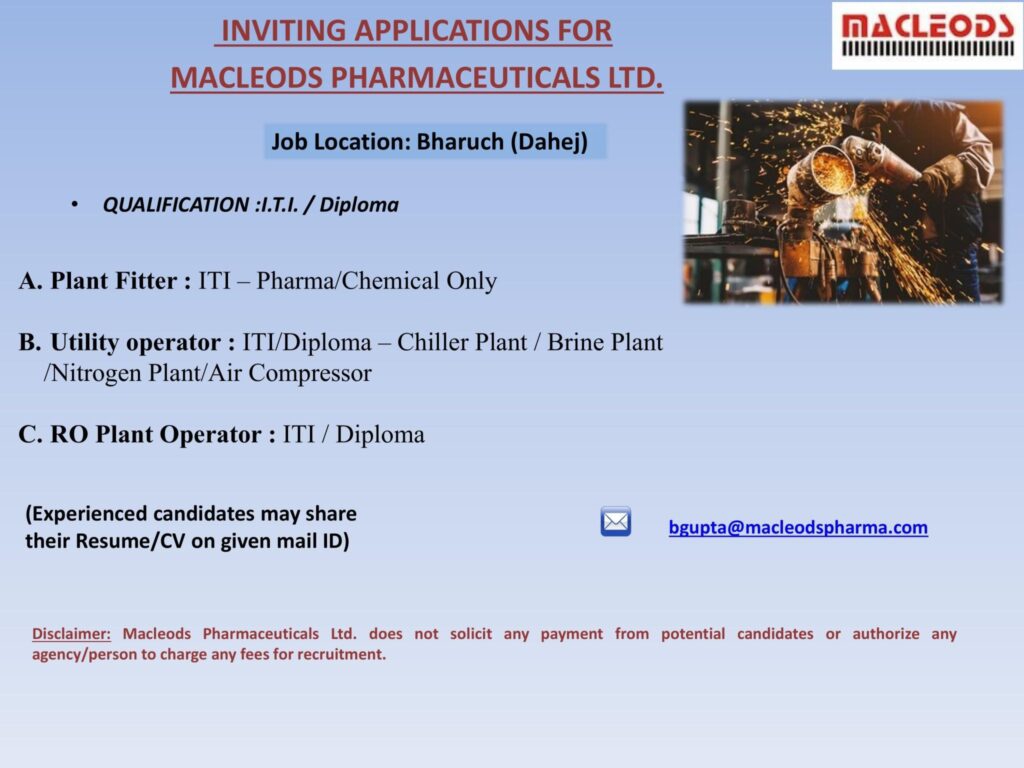 Job Availables,Macleods Pharmaceuticals Ltd. Job Vacancy For ITI/  Diploma
