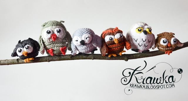 Krawka: Owlery crochet pattern, cute little owls bunch: Blacky, Dopey, Sleppy, Grumpy, Snowy and Bob owls