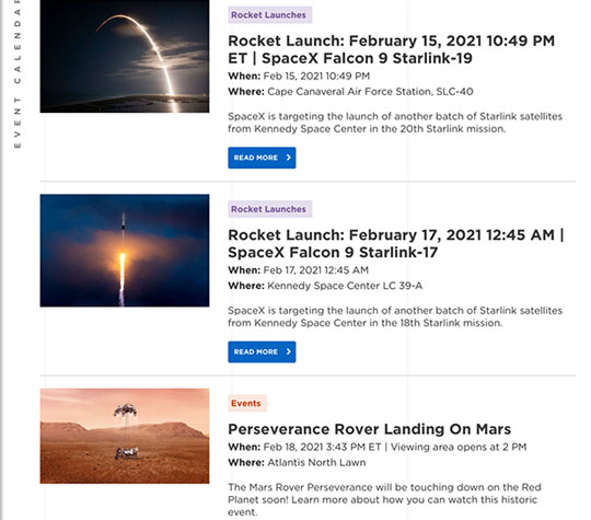 Upcoming Starlink launches and Perseverance landing (Source: Kennedy Space Center)