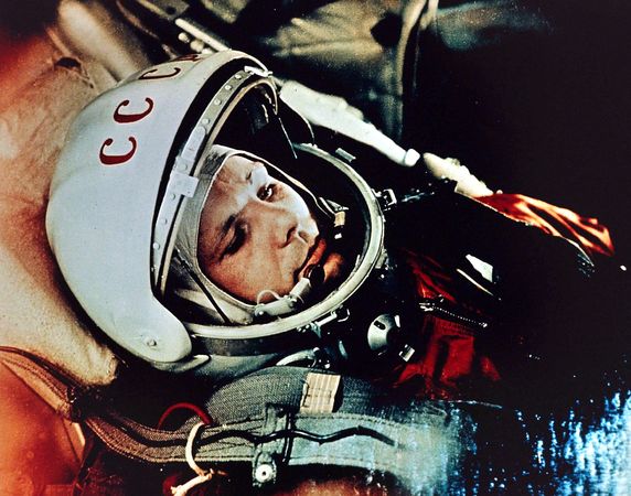 Russian cosmonaut Yuri Gagarin, the first man in space, completed a circuit of the Earth in the spaceship Vostok 1 on April 12, 1961.