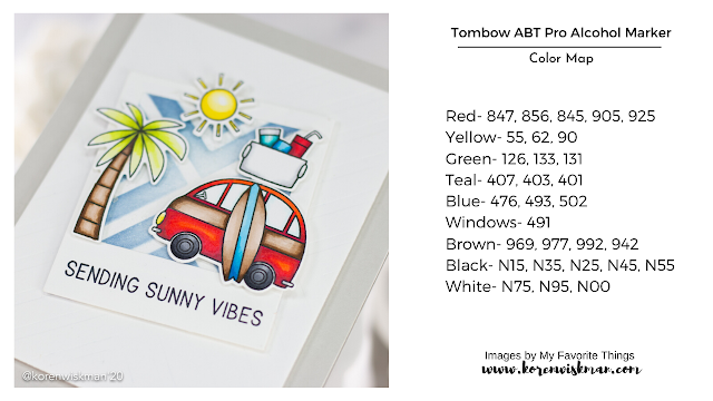 palm tree, car, surboard, cooler, sun, stamps, dies, my favorite things, sending sunny vibes, beach, summer, crafty, card making, ink blending, die cutting, red, blue, green, yellow, white, gray