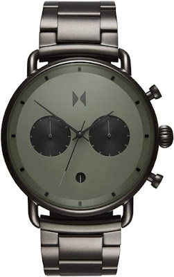 An elegant MVMT men's watch featuring a black design and a striking green face
